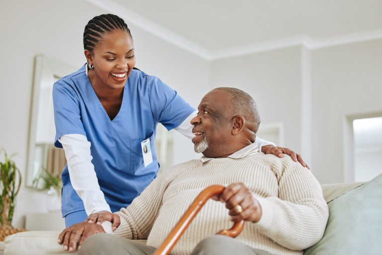 caregiver, nurse or senior black man on a couch, retirement or help with healthcare or walking stick. male person with a disability, patient or medical professional with support, recovery or healing